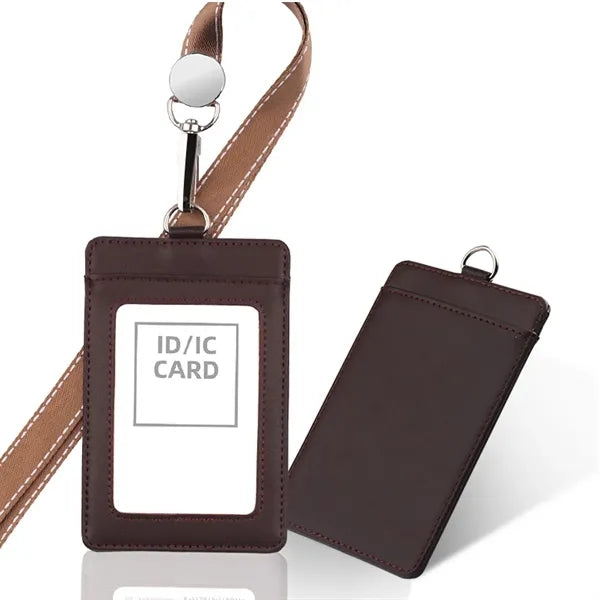 Leather ID Badge Holder with Detachable Neck Lanyard Strap
