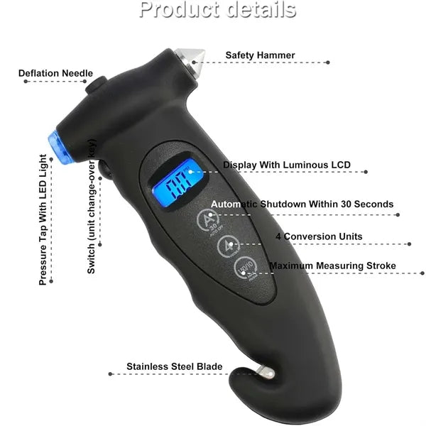 All-in-1 Car Tire Air Pressure Gauge with Emergency Tools