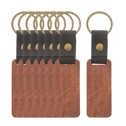 Wooden Keychain with Leather Strap Key Tags