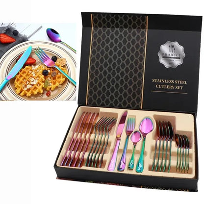 24PCS Stainless Steel Colorful Cutlery Knife Spoon Fork Set