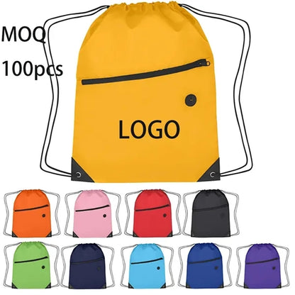 210D Polyester Drawstring Backpack With Zippered Pocket