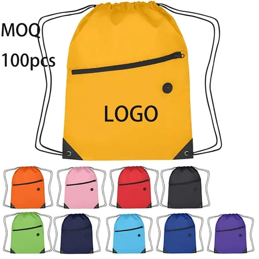 210D Polyester Drawstring Backpack With Zippered Pocket