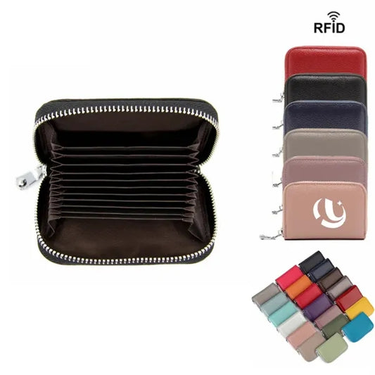 RFID Genuine Leather Zipper Credit Card Wallet
