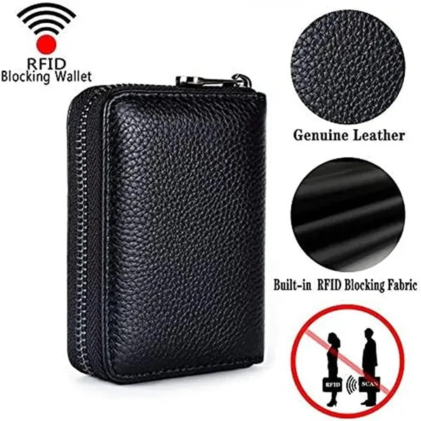 RFID Genuine Leather Zipper Credit Card Wallet