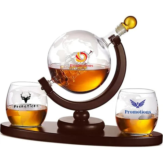 Whiskey Decanter Globe Set with 2 Etched Glasses