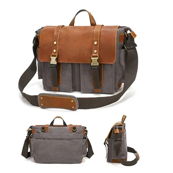 Genuine Leather Canvas Messenger Bag Shoulder Backpack