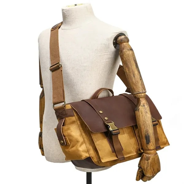 Genuine Leather Canvas Messenger Bag Shoulder Backpack