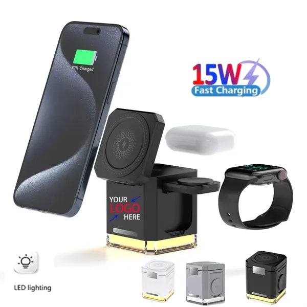 15W 3 In 1 Magnetic Wireless Ambient Light Charging Station