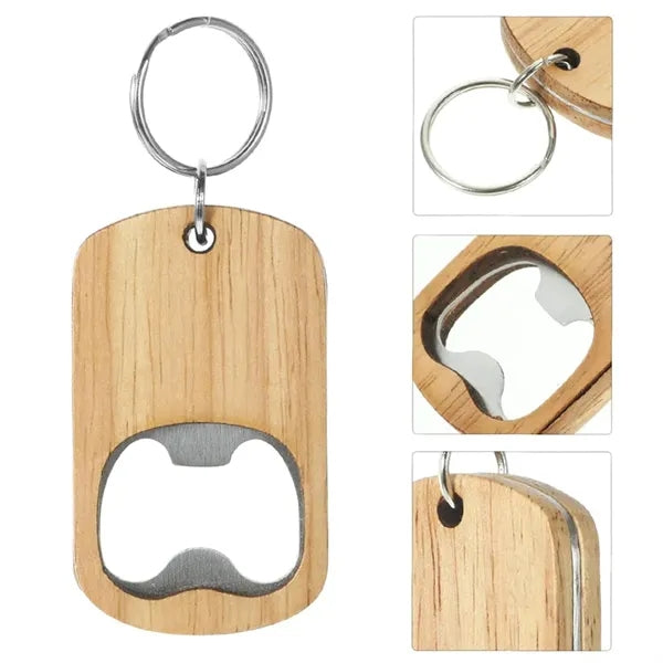 Compact Portable Wooden Bottle Opener Keychain Key Tag