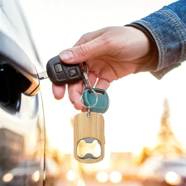Compact Portable Wooden Bottle Opener Keychain Key Tag