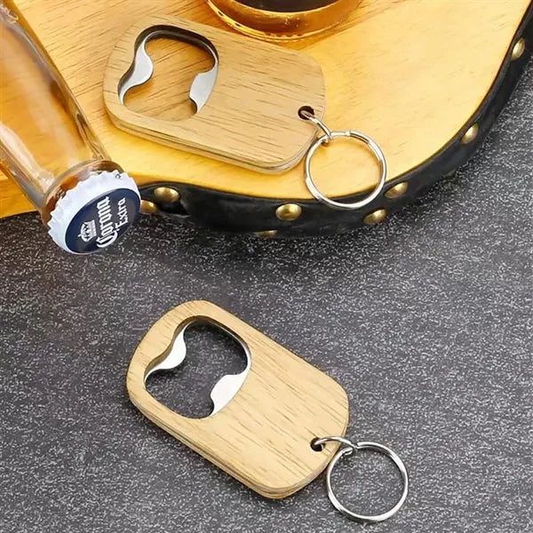 Compact Portable Wooden Bottle Opener Keychain Key Tag