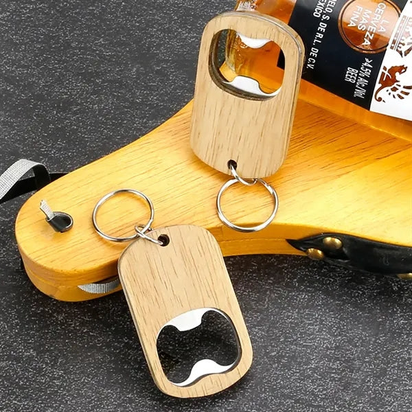 Compact Portable Wooden Bottle Opener Keychain Key Tag