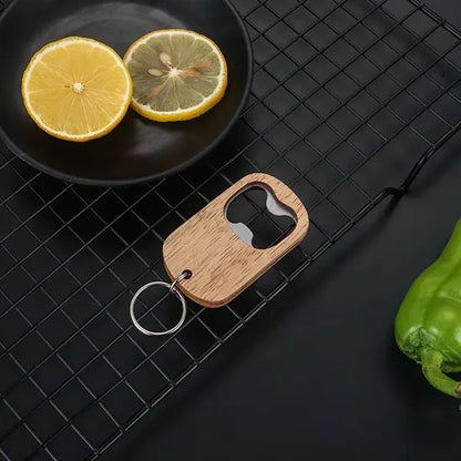 Compact Portable Wooden Bottle Opener Keychain Key Tag