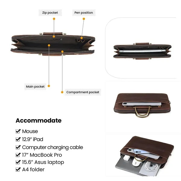 Genuine Leather Briefcase Laptop Bag w/ Unbrella Holder