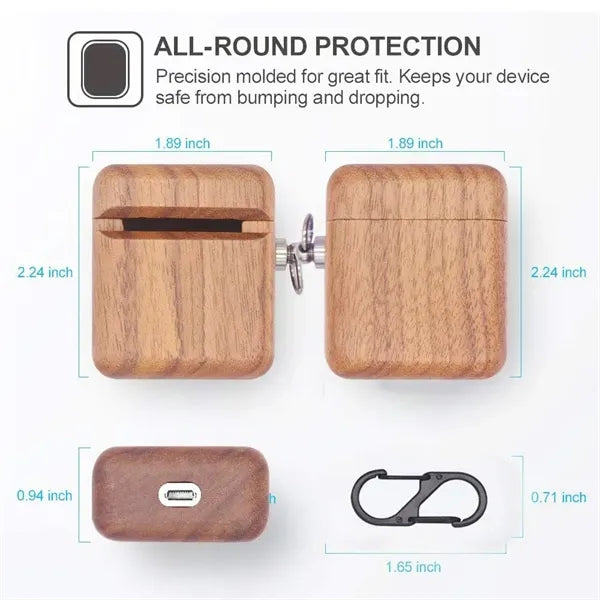 Wood Protective Case with Carabiner Clip Airpods 1/2/3/Pro