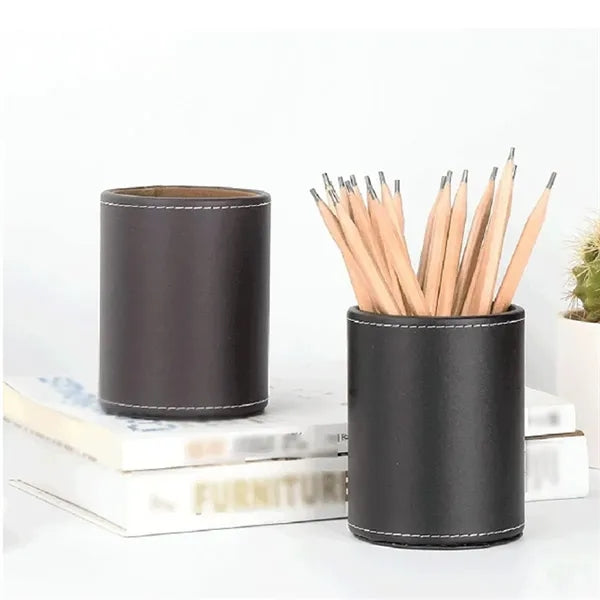 Circular Leather Pen Holder Desktop Stationery Storage Box