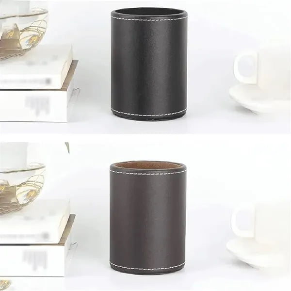 Circular Leather Pen Holder Desktop Stationery Storage Box