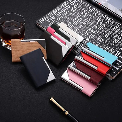 Business Card Holder Case Leather Metal Pocket Magnetic Shut