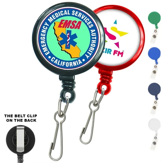 Large Retractable Round Badge Reel w/ J-Hook & Belt Clip