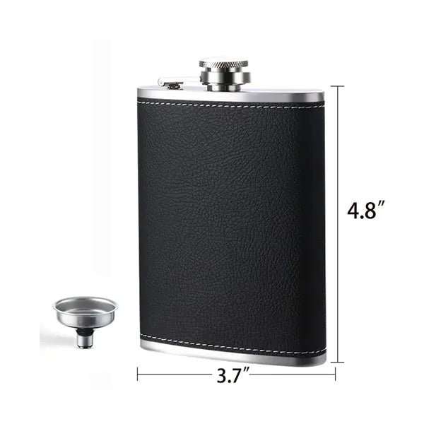 8 oz Black Leather Hip Flask Set Stainless Steel Bottle