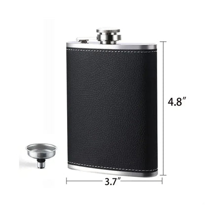 8 oz Black Leather Hip Flask Set Stainless Steel Bottle