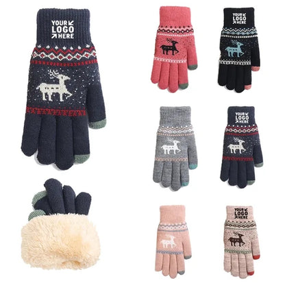 Thick Snowflake Deer Christmas Winter Knit Fleece Gloves