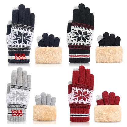 Thick Snowflake Deer Christmas Winter Knit Fleece Gloves
