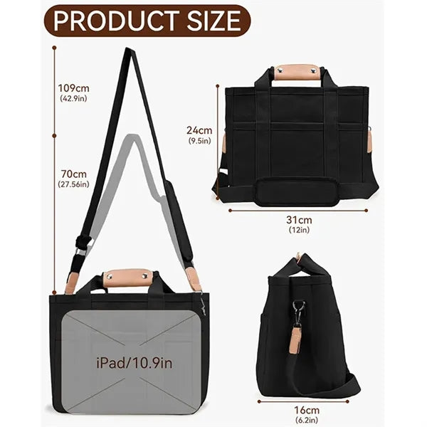 Canvas Crossbody Tote Bag W/ Multi Pockets Top Compartments