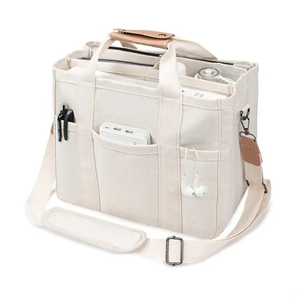 Canvas Crossbody Tote Bag W/ Multi Pockets Top Compartments