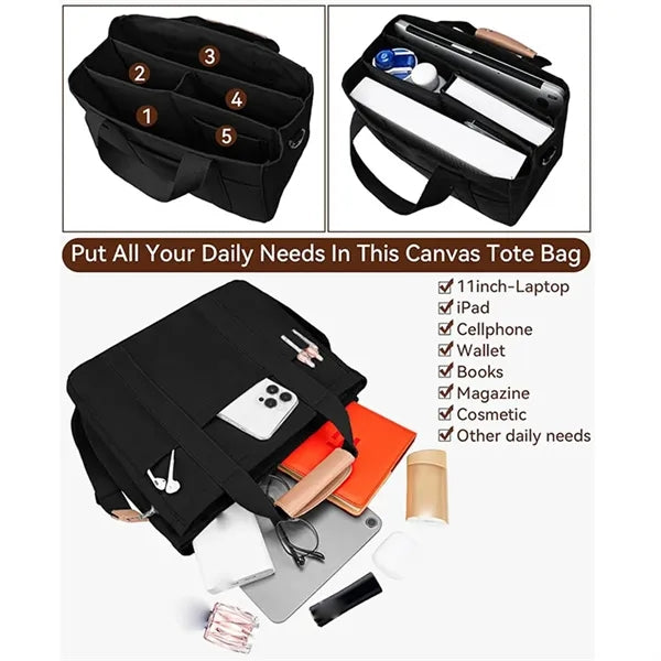 Canvas Crossbody Tote Bag W/ Multi Pockets Top Compartments