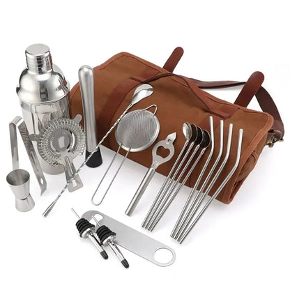 Travel Bartender Kit W/20 Piece Cocktail Shaker Portable Bag