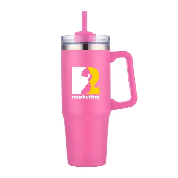 30 oz. Vacuum Stainless Steel Travel Mug w/ Handle & Straw