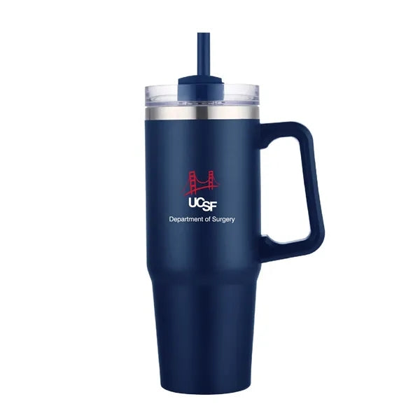 30 oz. Vacuum Stainless Steel Travel Mug w/ Handle & Straw