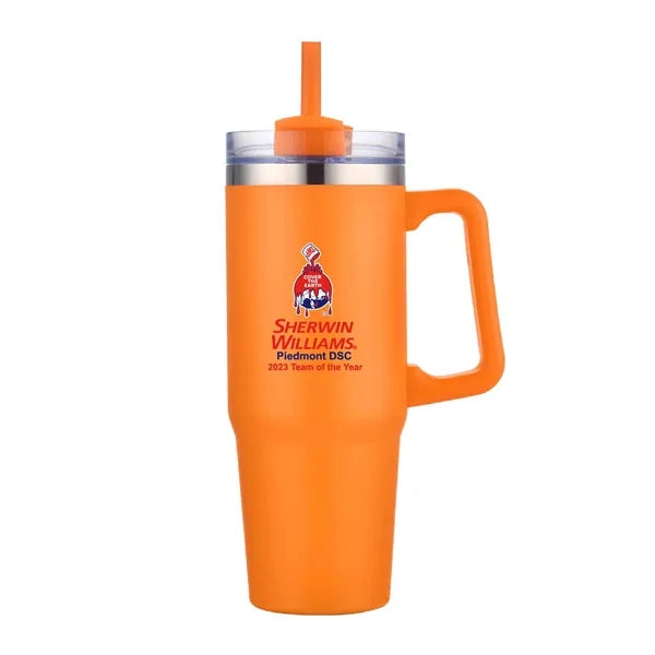 30 oz. Vacuum Stainless Steel Travel Mug w/ Handle & Straw