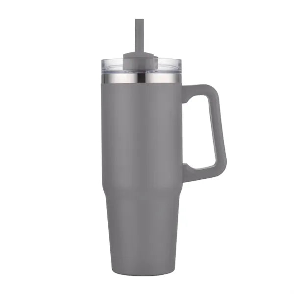 30 oz. Vacuum Stainless Steel Travel Mug w/ Handle & Straw