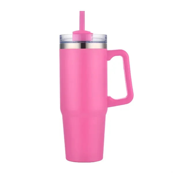 30 oz. Vacuum Stainless Steel Travel Mug w/ Handle & Straw