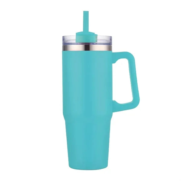 30 oz. Vacuum Stainless Steel Travel Mug w/ Handle & Straw