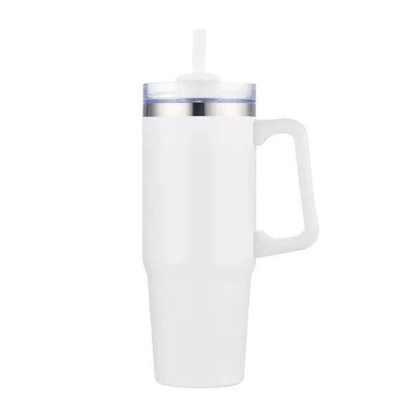 30 oz. Vacuum Stainless Steel Travel Mug w/ Handle & Straw