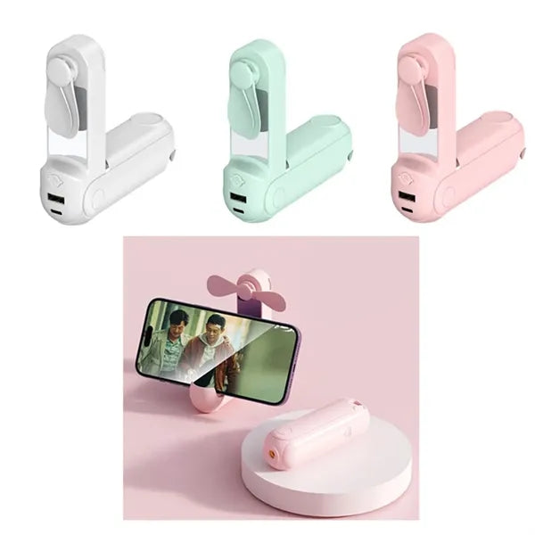 Foldable Handheld Fan With Flashlight Mirror Phone Holder