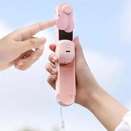 Foldable Handheld Fan With Flashlight Mirror Phone Holder