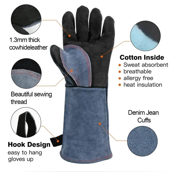 16 In Heat Resistant Welding Fire Leather Work BBQ Glove