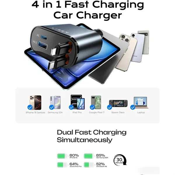 Retractable 4 in 1 Cell Phone Automobile Chargers