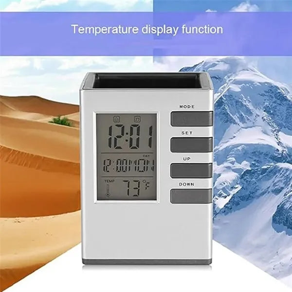 Desk decor perpetual calendar alarm clock pen holder