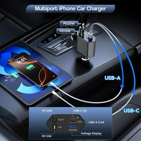 4 in 1 Car Charger with Fast Charging Cable