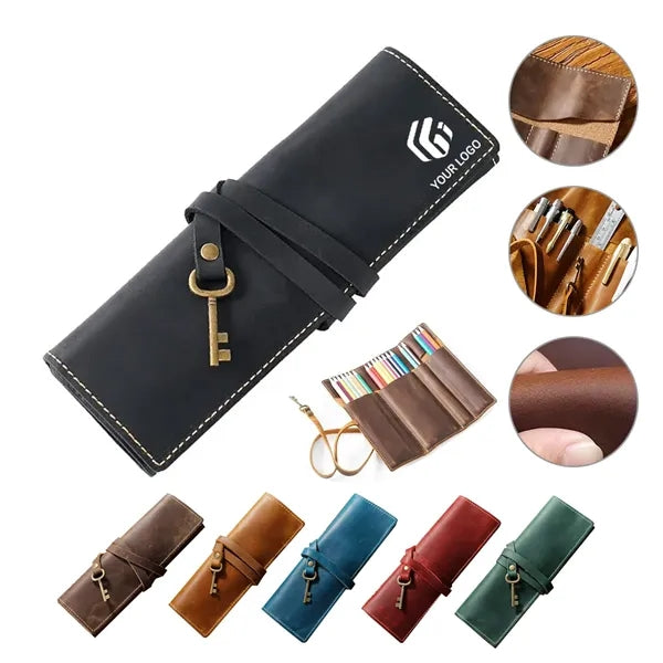 School office vintage leather roll up pen bag pencil case