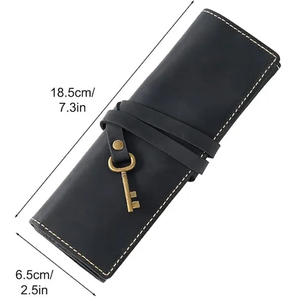 School office vintage leather roll up pen bag pencil case