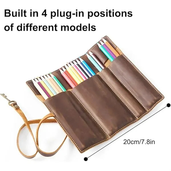 School office vintage leather roll up pen bag pencil case