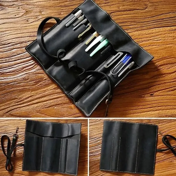 School office vintage leather roll up pen bag pencil case