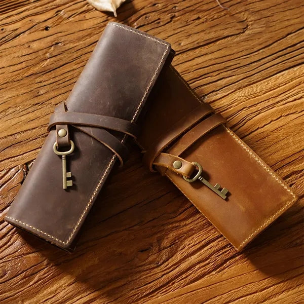 School office vintage leather roll up pen bag pencil case