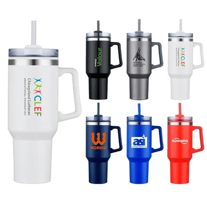 40 oz. Double Wall Insulated Travel Mug w/ Handle and Straw